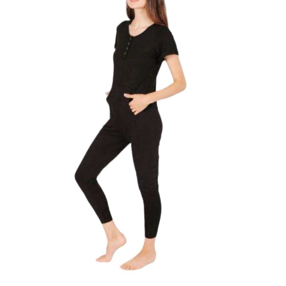 Smash + Tess AnyDay Romper- Black Ribbed Short Sleeve Henley Romper - Picture 1 of 15